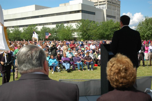 N.C. Sen. Dan Soucek, a Republican representing Alexander, Ashe, Watauga and Wilkes counties and a co-sponsor of one of the "Defense of Marriage" bills, speaks to thousands Tuesday at a rally in Raleigh. Photo by Travis Fain.