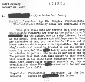 A portion of the summary file for a 18-year-old girl from Rutherford County who was sterilized during the state's eugenics program. The full document is available to be viewed below. Click to view full-size image.