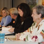 (Left to right) Ellen Frost, Mike Fryar, Christina Kelly Merrill and Carol Peterson answer voter questions during a candidates forum held in Black Mountain by the League of Women Voters for Asheville and Buncombe County. Voters in District 2 will select two of the four to represent them on the commission. Angie Newsome/Carolina Public Press