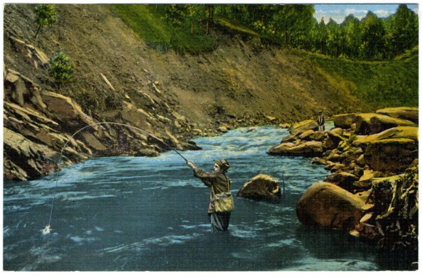 A postcard, circa 1930-1945, of fishermen in the Smokies.