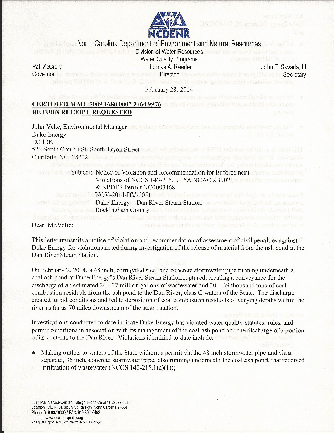 DENR issues violations to Duke Energy for coal ash spill Carolina